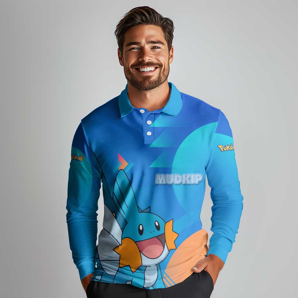 Mudkip Poké Long Sleeve Polo Shirt Playful Blue Gradient Cartoon Style