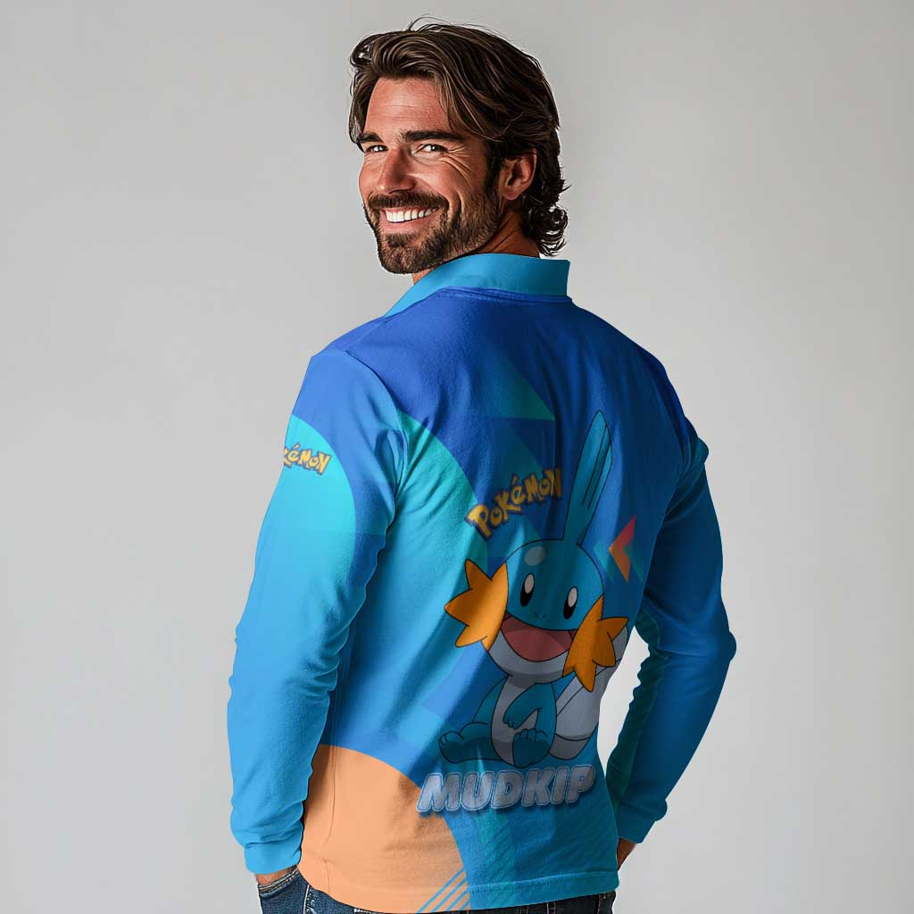 Mudkip Poké Long Sleeve Polo Shirt Playful Blue Gradient Cartoon Style