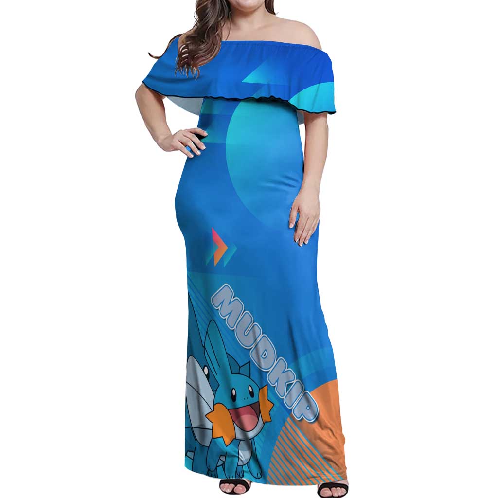 Mudkip Poké Off Shoulder Maxi Dress Playful Blue Gradient Cartoon Style
