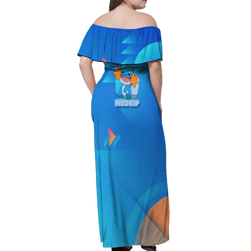 Mudkip Poké Off Shoulder Maxi Dress Playful Blue Gradient Cartoon Style