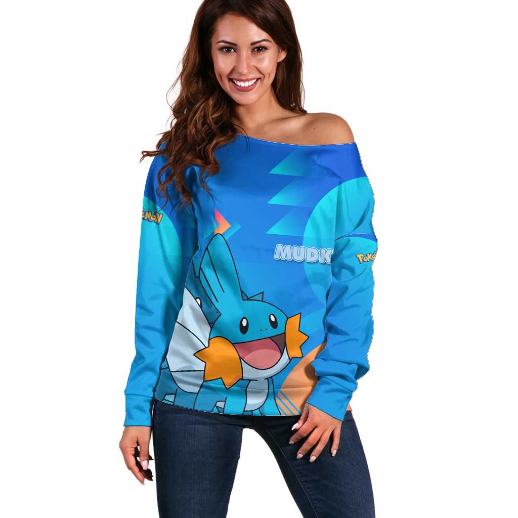 Mudkip Poké Off Shoulder Sweater Playful Blue Gradient Cartoon Style