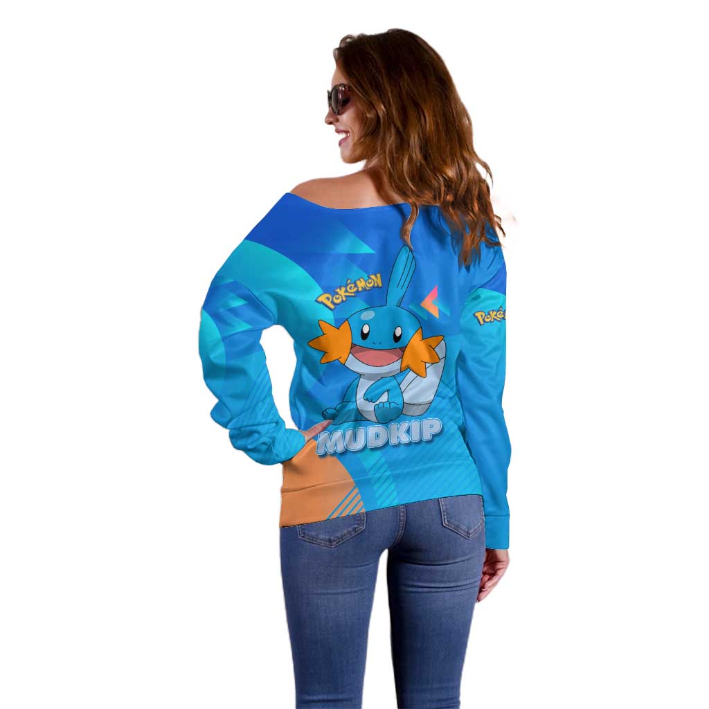 Mudkip Poké Off Shoulder Sweater Playful Blue Gradient Cartoon Style