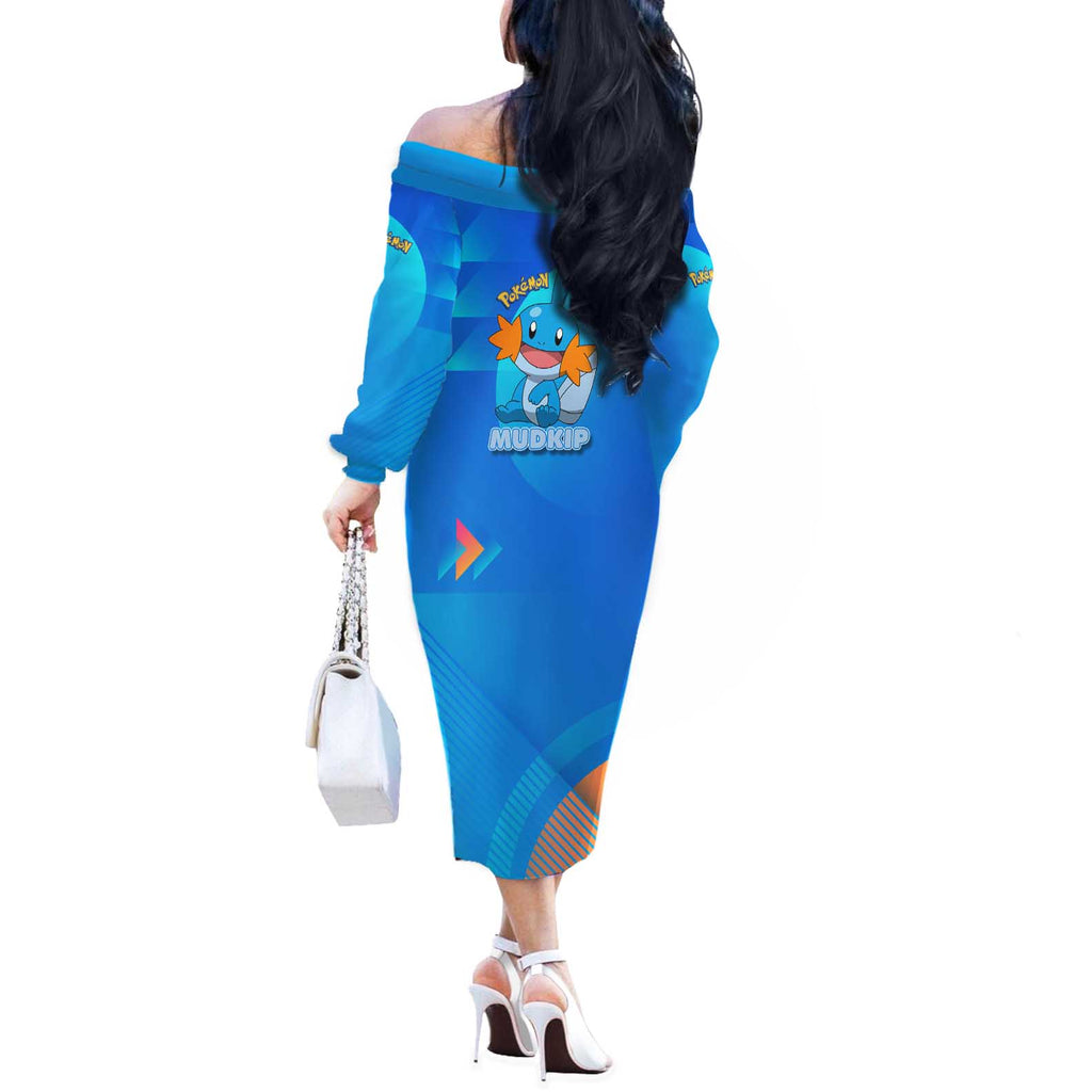Mudkip Poké Off The Shoulder Long Sleeve Dress Playful Blue Gradient Cartoon Style