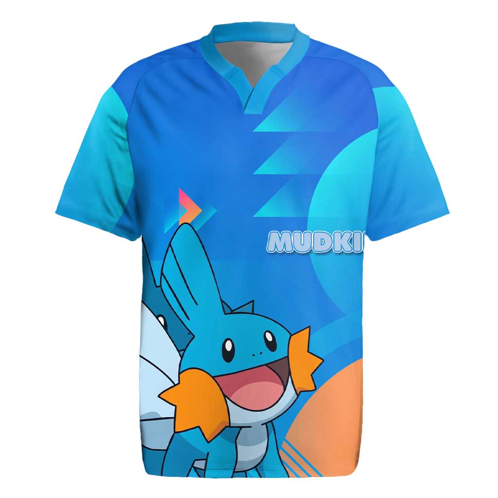 Mudkip Poké Rugby Jersey Playful Blue Gradient Cartoon Style
