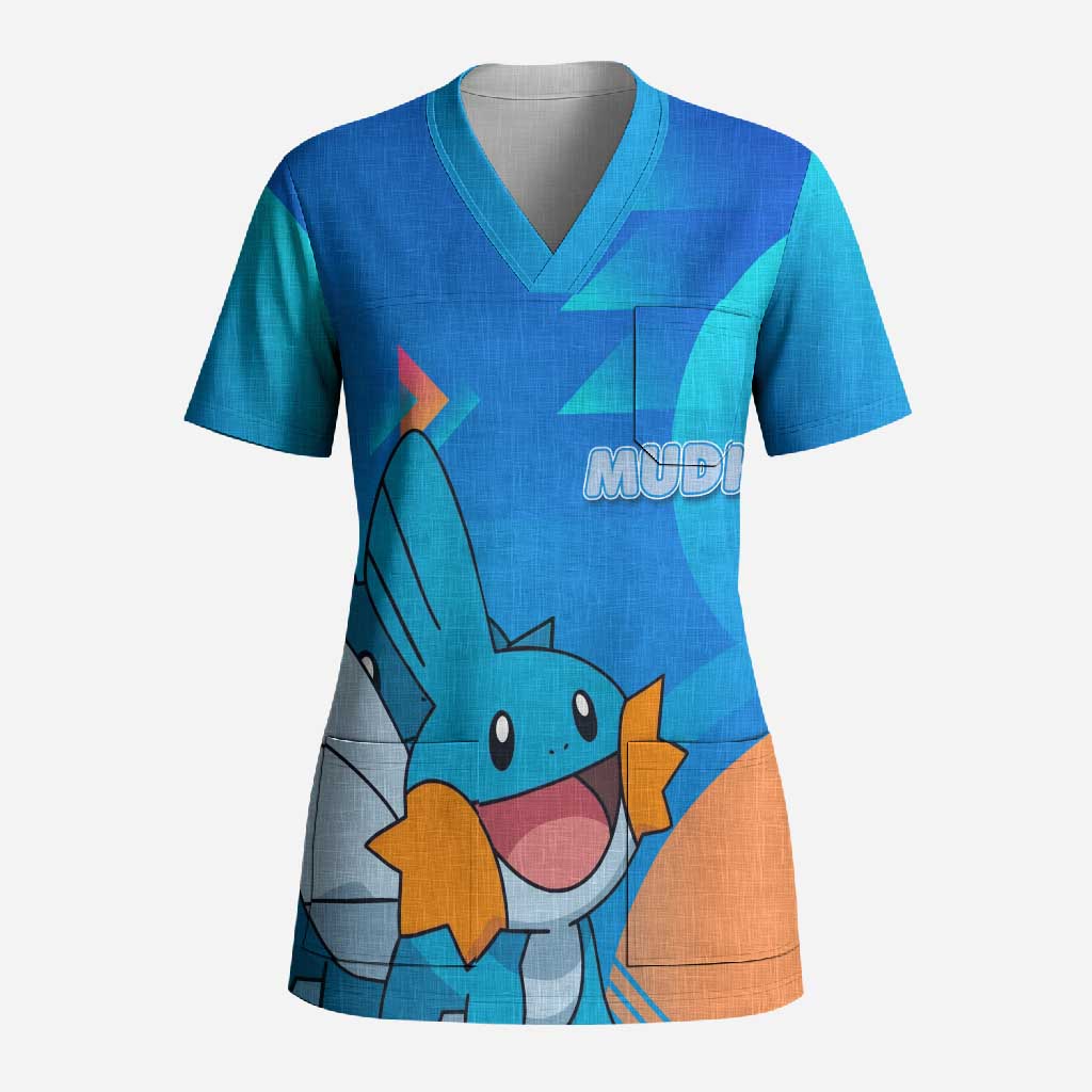 Mudkip Poké Scrub Top Playful Blue Gradient Cartoon Style