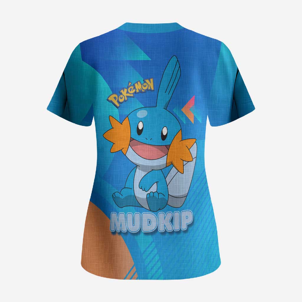 Mudkip Poké Scrub Top Playful Blue Gradient Cartoon Style