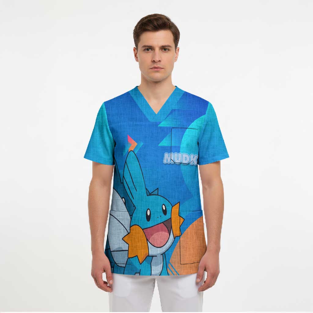 Mudkip Poké Scrub Top Playful Blue Gradient Cartoon Style