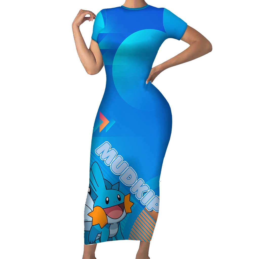 Mudkip Poké Short Sleeve Bodycon Dress Playful Blue Gradient Cartoon Style