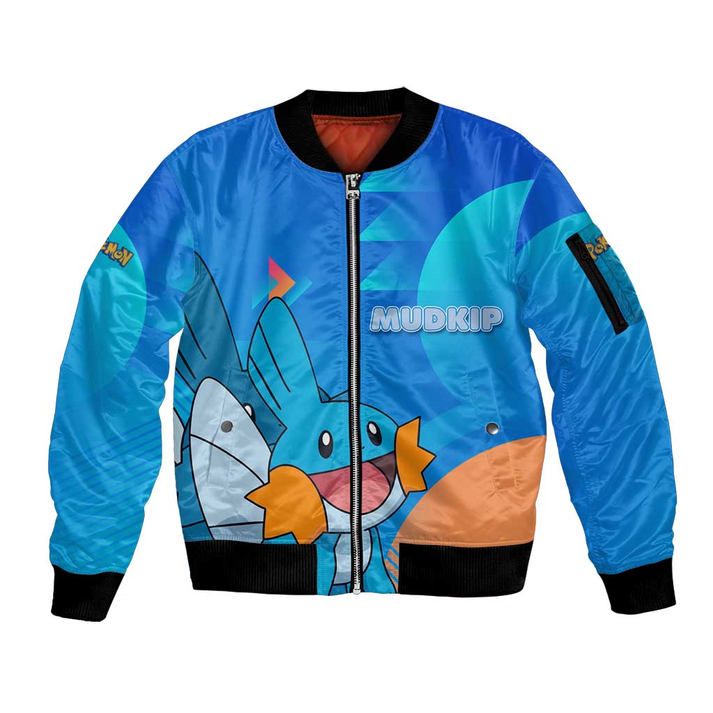 Mudkip Poké Sleeve Zip Bomber Jacket Playful Blue Gradient Cartoon Style