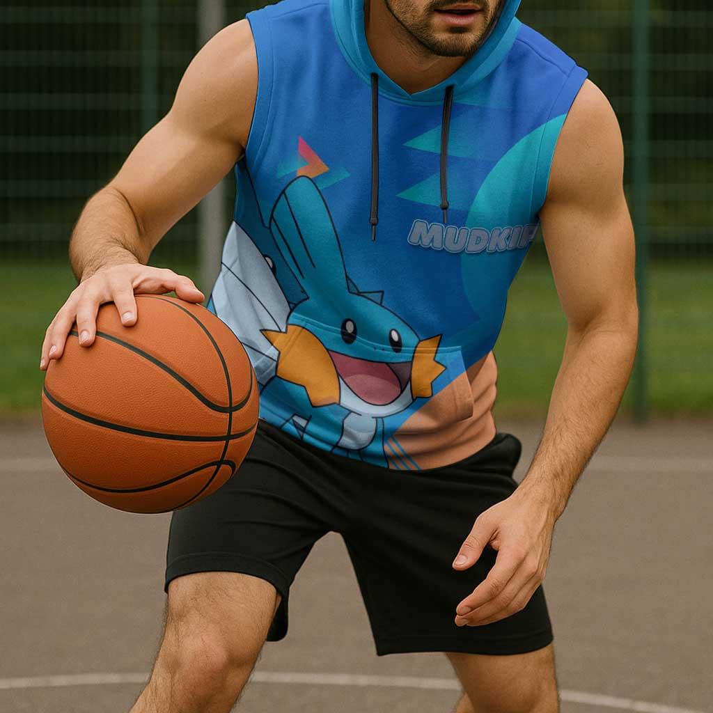 Mudkip Poké Sleeveless Hoodie Playful Blue Gradient Cartoon Style
