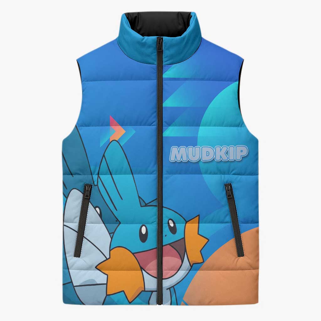 Mudkip Poké Sleeveless Puffer Jacket Playful Blue Gradient Cartoon Style