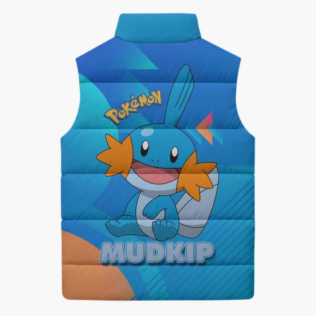 Mudkip Poké Sleeveless Puffer Jacket Playful Blue Gradient Cartoon Style