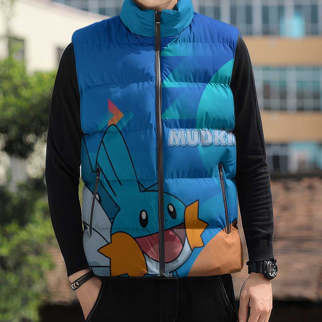 Mudkip Poké Sleeveless Puffer Jacket Playful Blue Gradient Cartoon Style