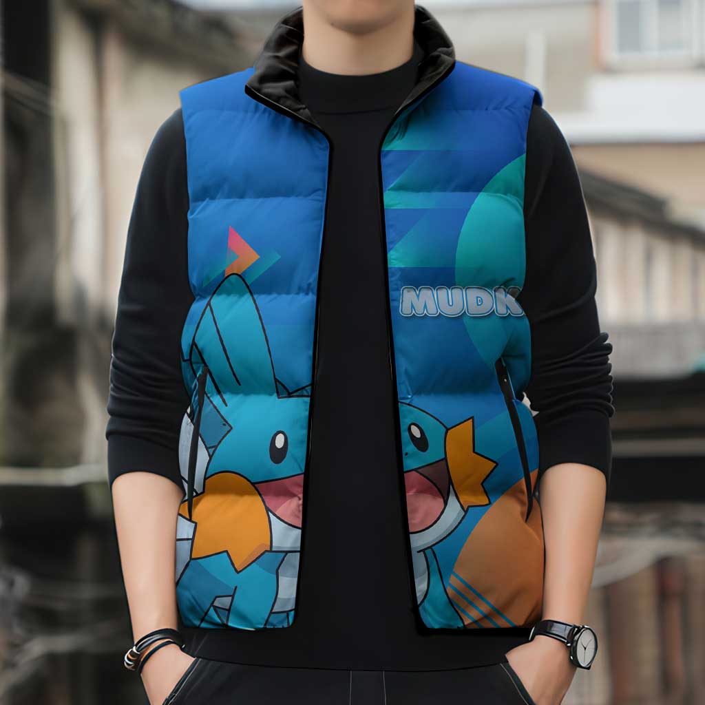 Mudkip Poké Sleeveless Puffer Jacket Playful Blue Gradient Cartoon Style