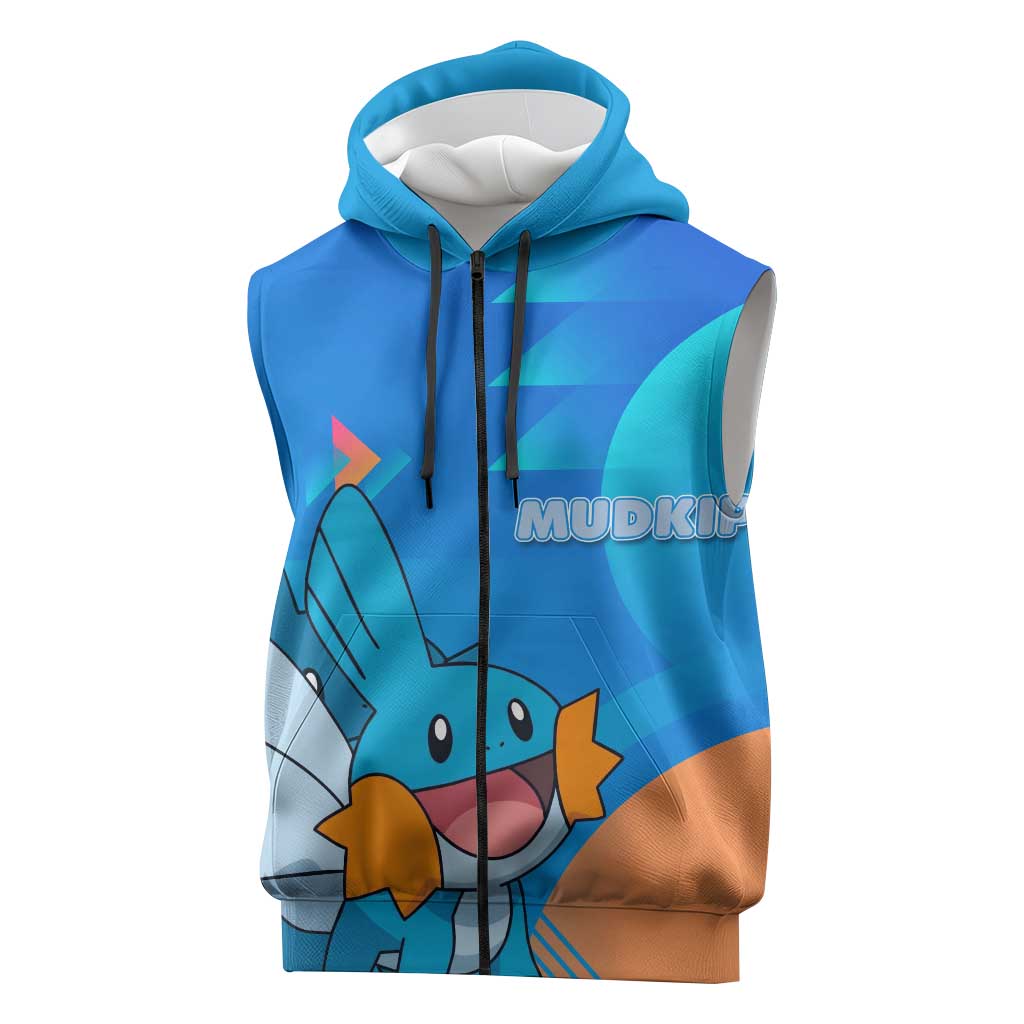 Mudkip Poké Sleeveless Zip Hoodie Playful Blue Gradient Cartoon Style