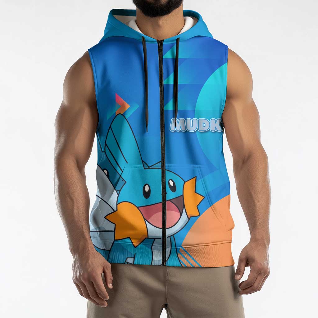 Mudkip Poké Sleeveless Zip Hoodie Playful Blue Gradient Cartoon Style