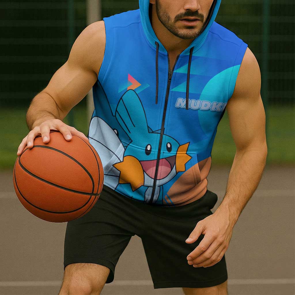 Mudkip Poké Sleeveless Zip Hoodie Playful Blue Gradient Cartoon Style