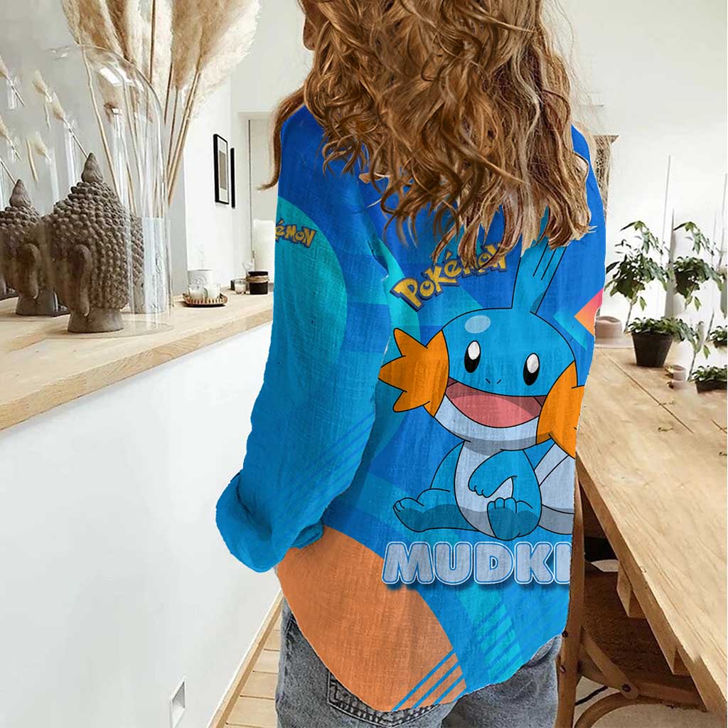 Mudkip Poké Women Casual Shirt Playful Blue Gradient Cartoon Style