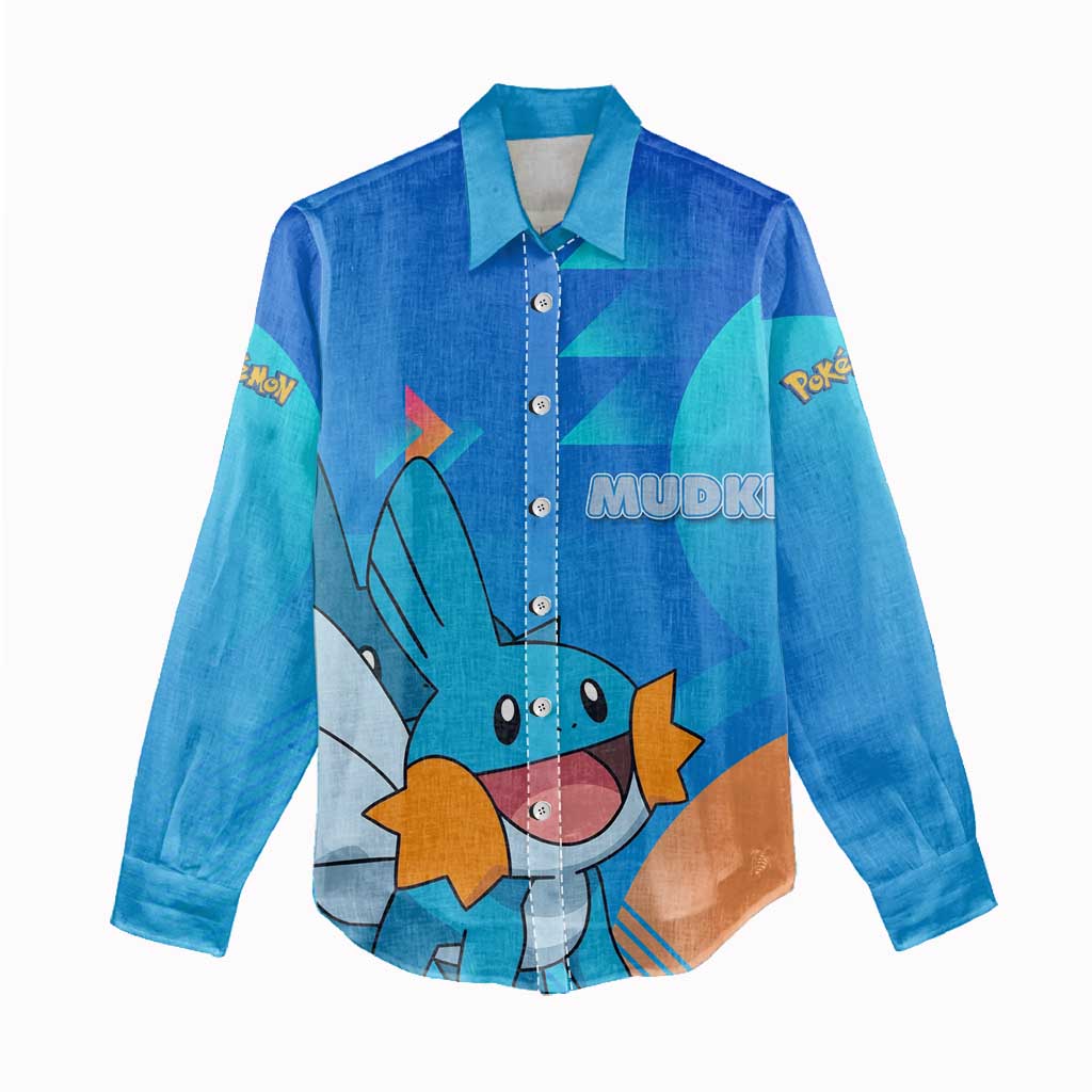 Mudkip Poké Women Casual Shirt Playful Blue Gradient Cartoon Style