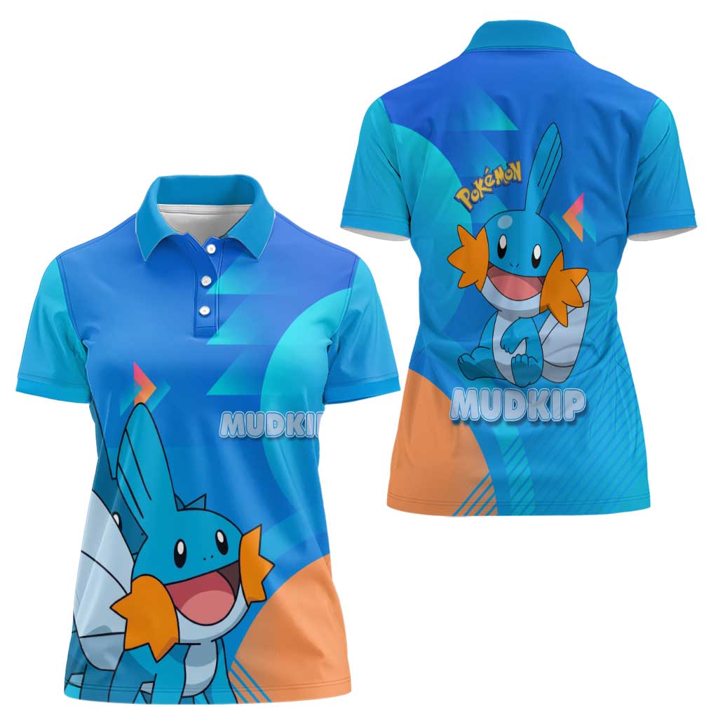 Mudkip Poké Women Polo Shirt Playful Blue Gradient Cartoon Style