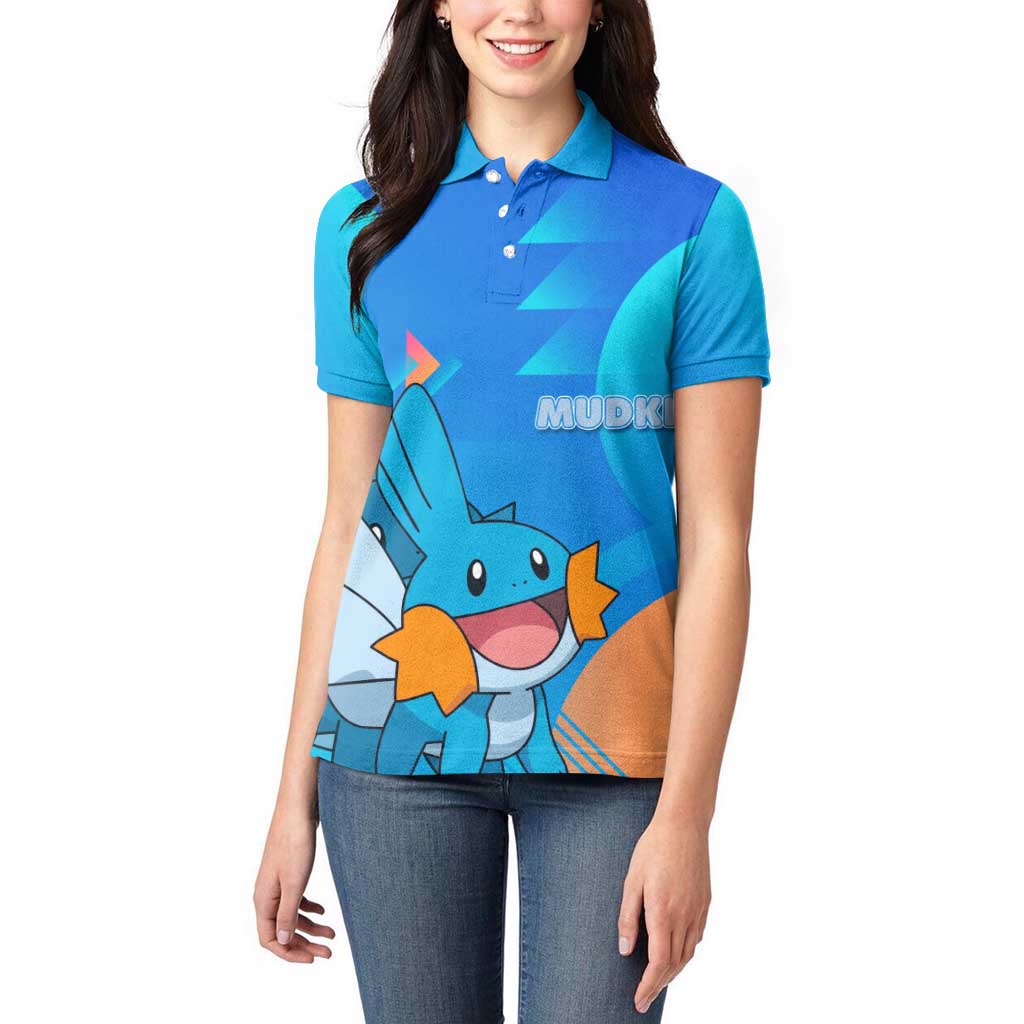 Mudkip Poké Women Polo Shirt Playful Blue Gradient Cartoon Style
