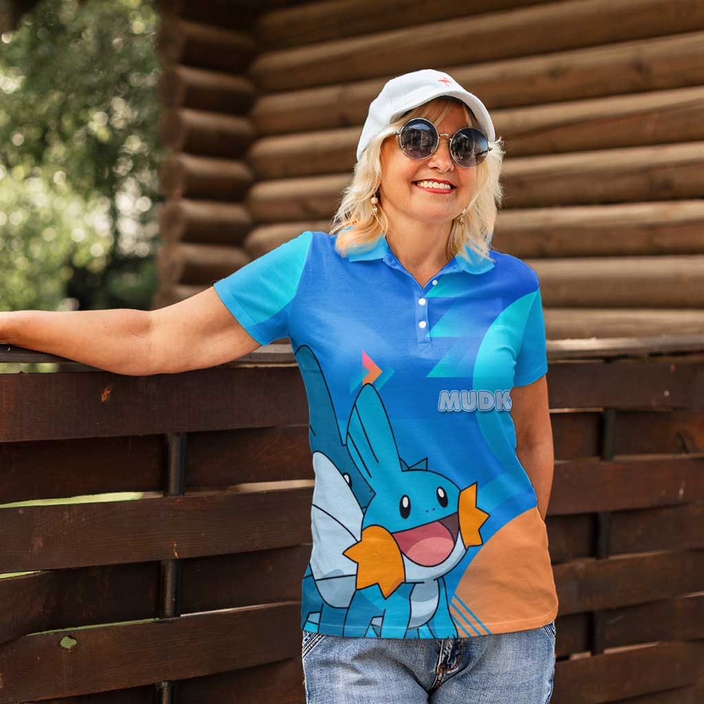 Mudkip Poké Women Polo Shirt Playful Blue Gradient Cartoon Style