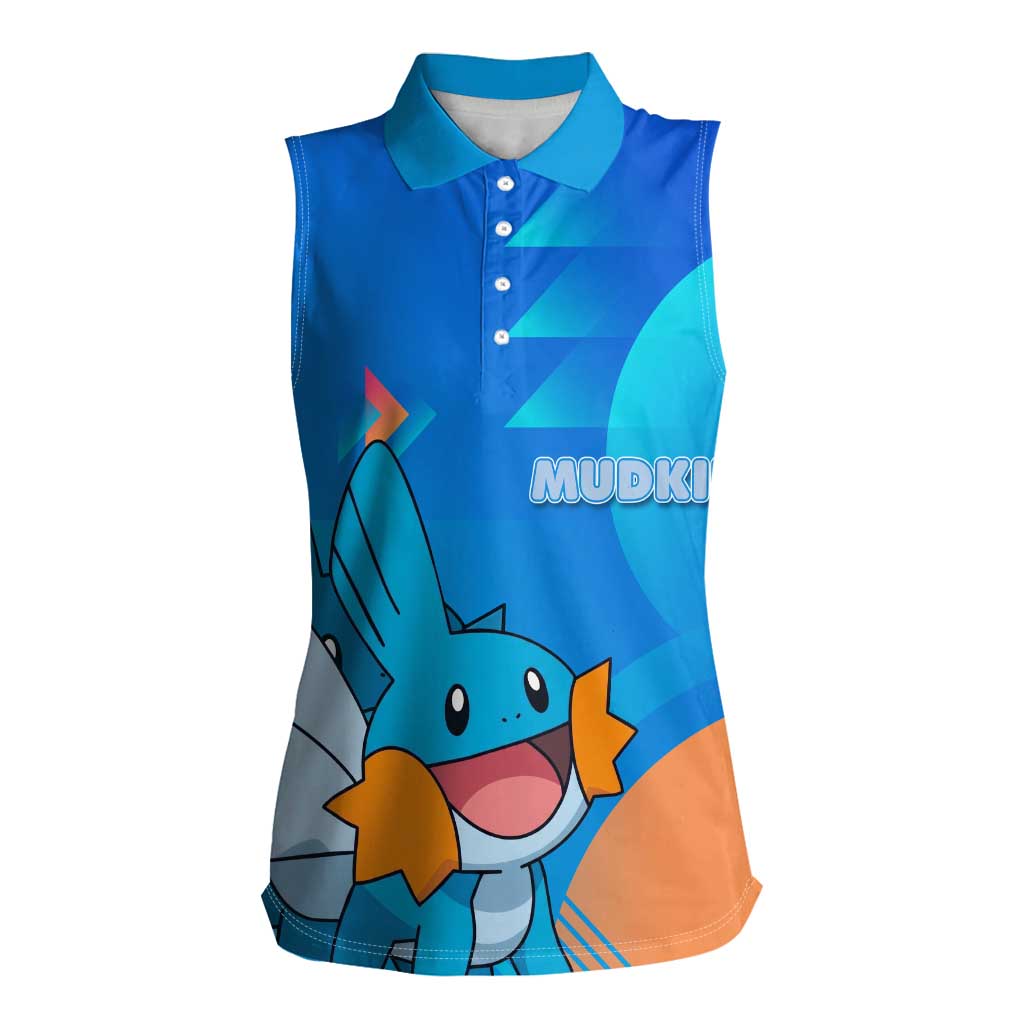 Mudkip Poké Women Sleeveless Polo Shirt Playful Blue Gradient Cartoon Style