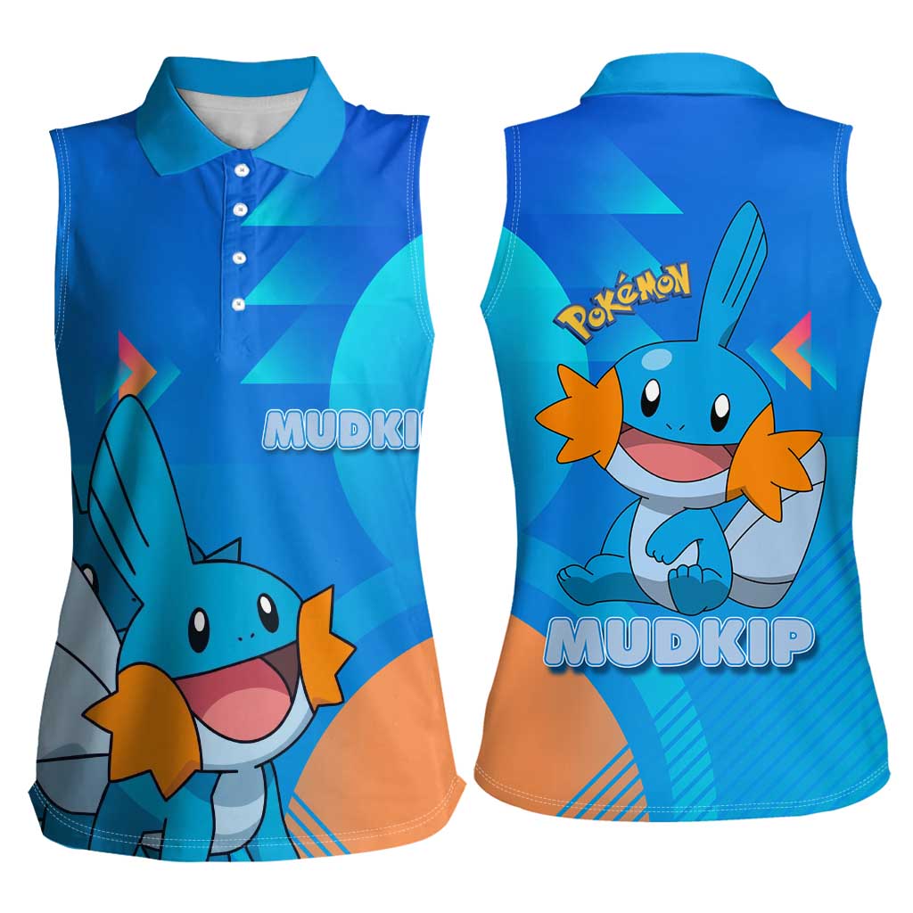 Mudkip Poké Women Sleeveless Polo Shirt Playful Blue Gradient Cartoon Style