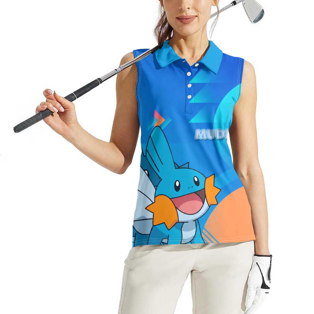Mudkip Poké Women Sleeveless Polo Shirt Playful Blue Gradient Cartoon Style