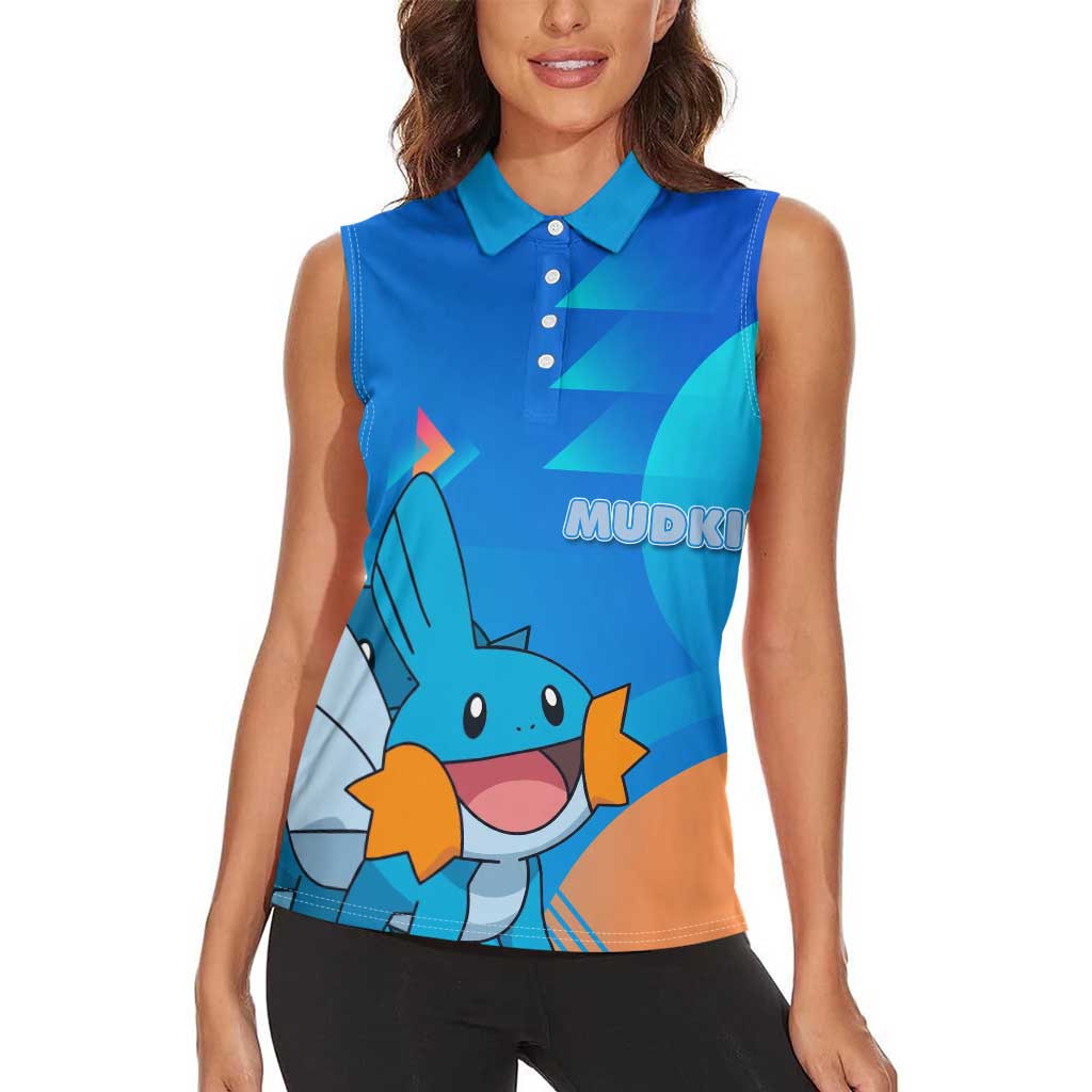 Mudkip Poké Women Sleeveless Polo Shirt Playful Blue Gradient Cartoon Style
