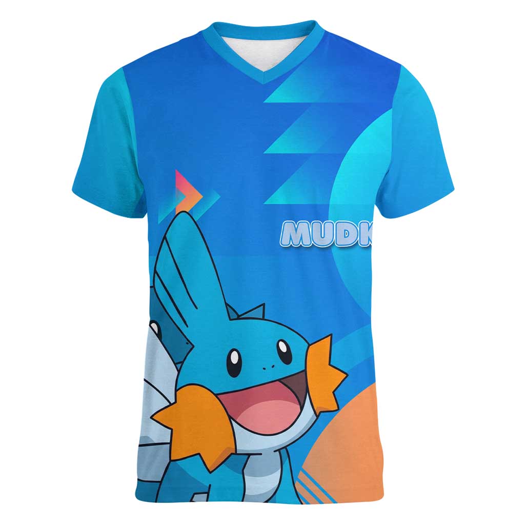 Mudkip Poké Women V-Neck T-Shirt Playful Blue Gradient Cartoon Style