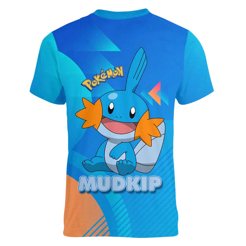 Mudkip Poké Women V-Neck T-Shirt Playful Blue Gradient Cartoon Style