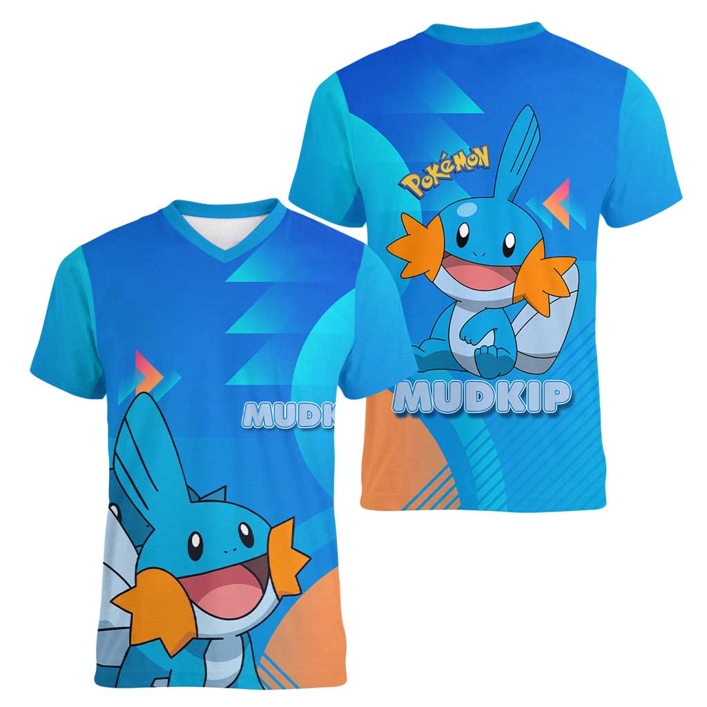 Mudkip Poké Women V-Neck T-Shirt Playful Blue Gradient Cartoon Style