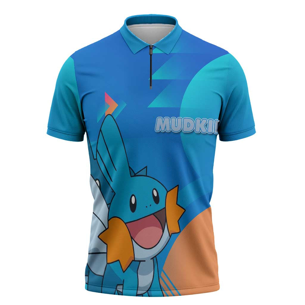 Mudkip Poké Zipper Polo Shirt Playful Blue Gradient Cartoon Style