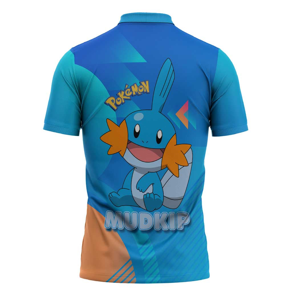 Mudkip Poké Zipper Polo Shirt Playful Blue Gradient Cartoon Style