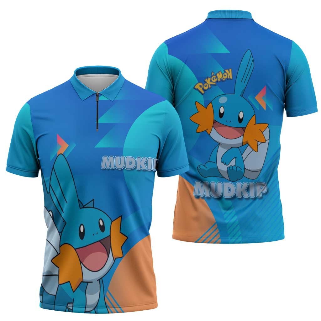 Mudkip Poké Zipper Polo Shirt Playful Blue Gradient Cartoon Style
