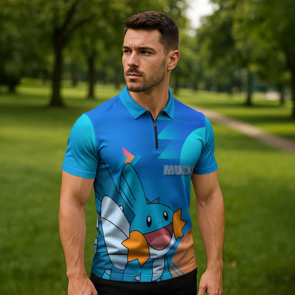 Mudkip Poké Zipper Polo Shirt Playful Blue Gradient Cartoon Style