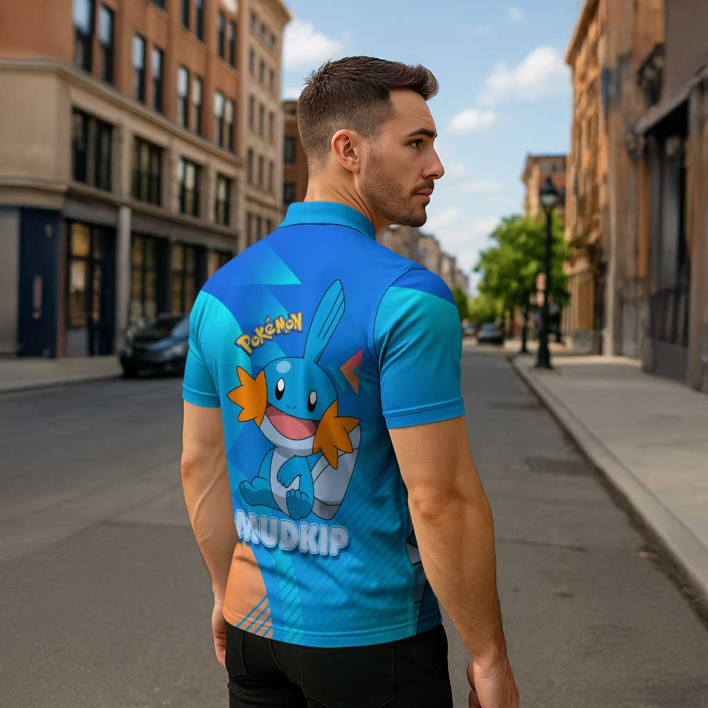 Mudkip Poké Zipper Polo Shirt Playful Blue Gradient Cartoon Style