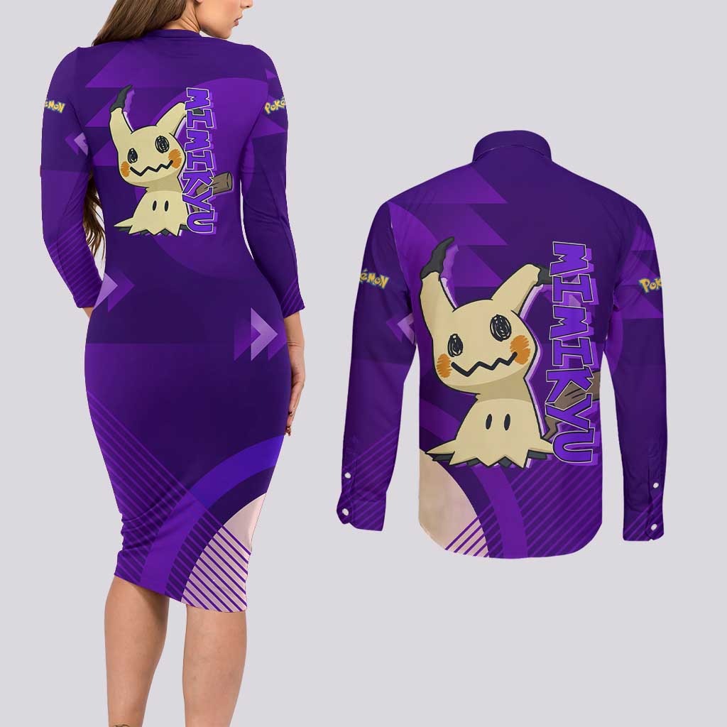 Mimikyu Poké Couples Matching Long Sleeve Bodycon Dress and Long Sleeve Button Shirt Spooky Scribble Shadow Style