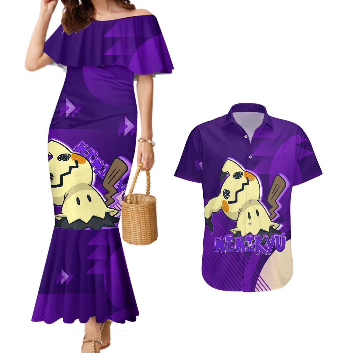 Mimikyu Poké Couples Matching Mermaid Dress and Hawaiian Shirt Spooky Scribble Shadow Style