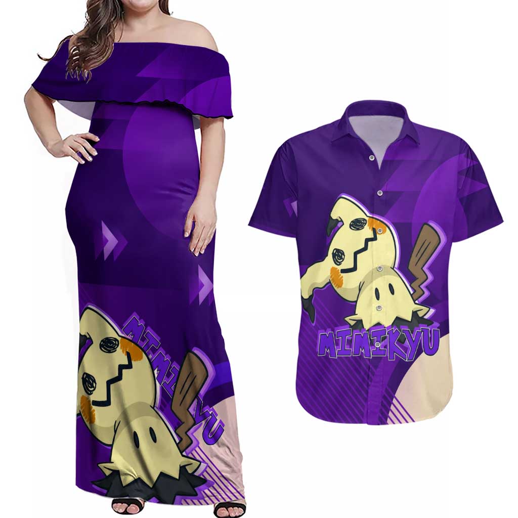 Mimikyu Poké Couples Matching Off Shoulder Maxi Dress and Hawaiian Shirt Spooky Scribble Shadow Style