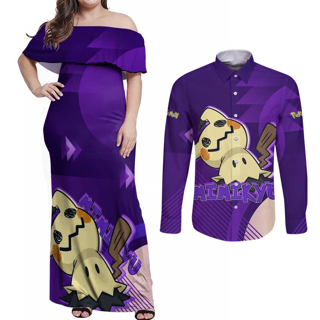 Mimikyu Poké Couples Matching Off Shoulder Maxi Dress and Long Sleeve Button Shirt Spooky Scribble Shadow Style