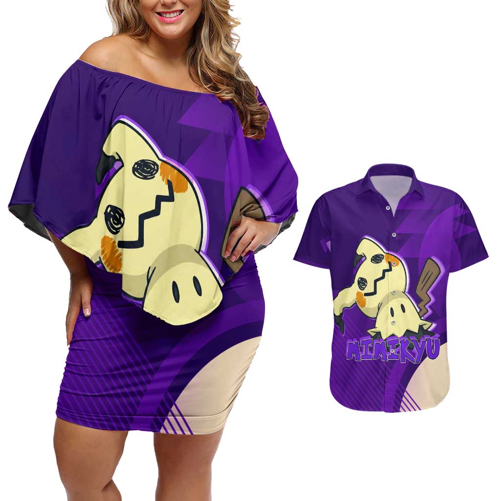 Mimikyu Poké Couples Matching Off Shoulder Short Dress and Hawaiian Shirt Spooky Scribble Shadow Style