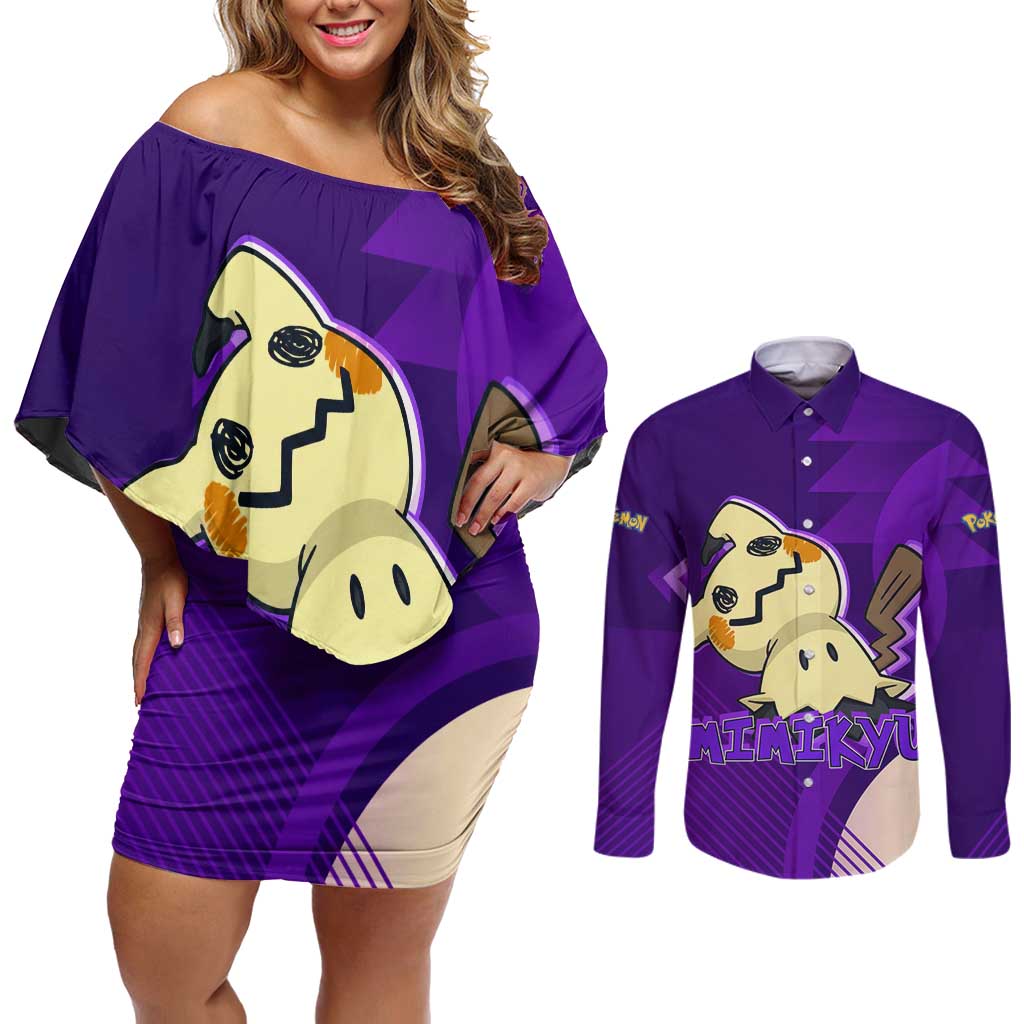 Mimikyu Poké Couples Matching Off Shoulder Short Dress and Long Sleeve Button Shirt Spooky Scribble Shadow Style