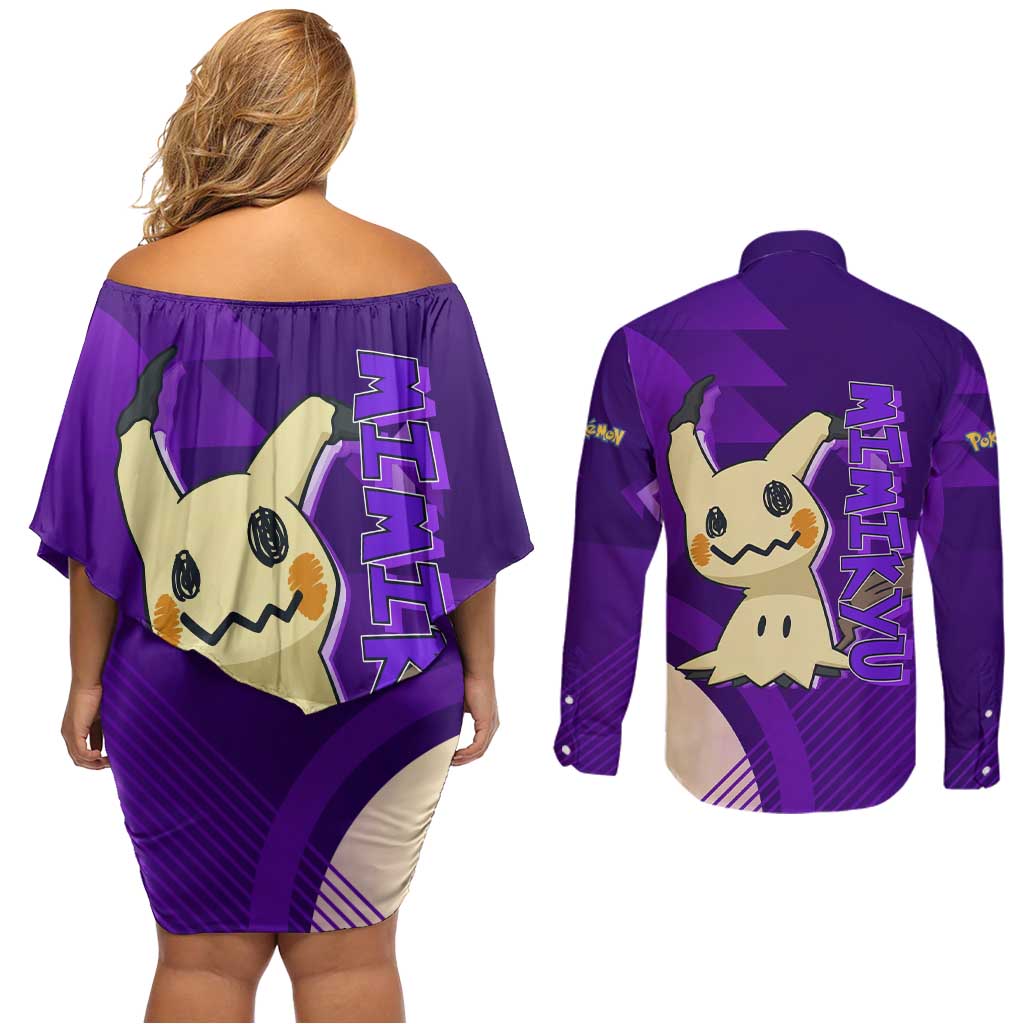 Mimikyu Poké Couples Matching Off Shoulder Short Dress and Long Sleeve Button Shirt Spooky Scribble Shadow Style