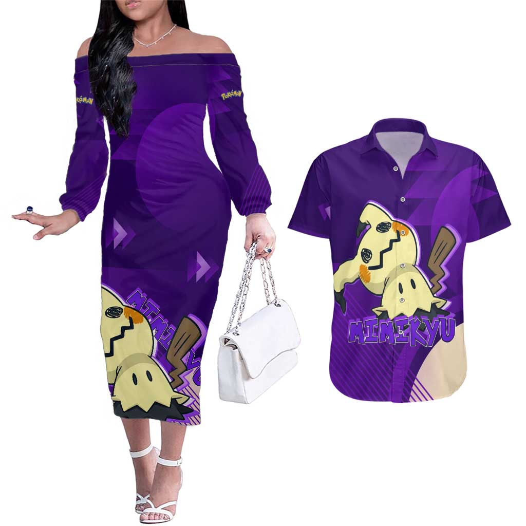 Mimikyu Poké Couples Matching Off The Shoulder Long Sleeve Dress and Hawaiian Shirt Spooky Scribble Shadow Style