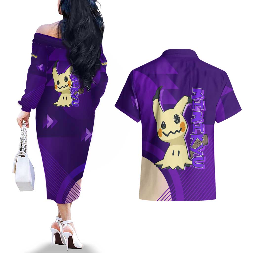 Mimikyu Poké Couples Matching Off The Shoulder Long Sleeve Dress and Hawaiian Shirt Spooky Scribble Shadow Style