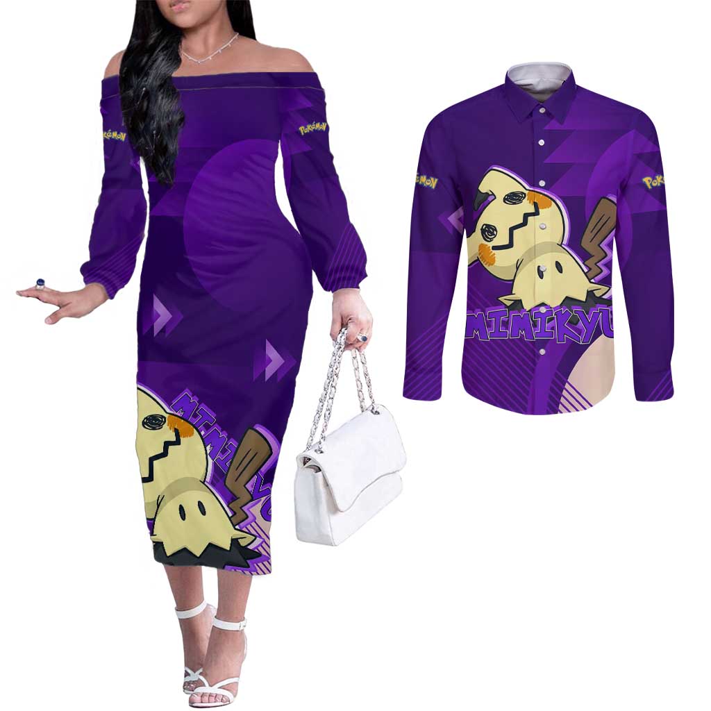 Mimikyu Poké Couples Matching Off The Shoulder Long Sleeve Dress and Long Sleeve Button Shirt Spooky Scribble Shadow Style