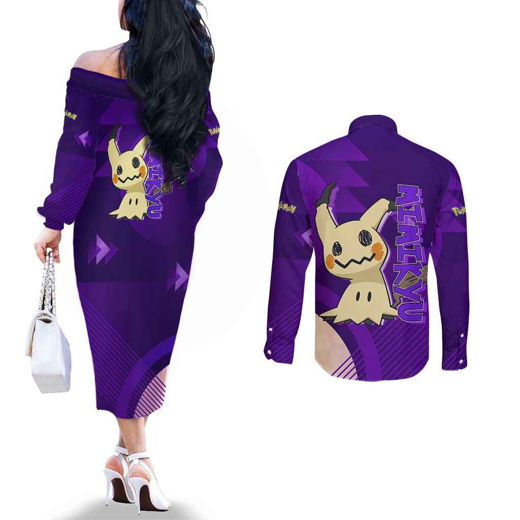 Mimikyu Poké Couples Matching Off The Shoulder Long Sleeve Dress and Long Sleeve Button Shirt Spooky Scribble Shadow Style