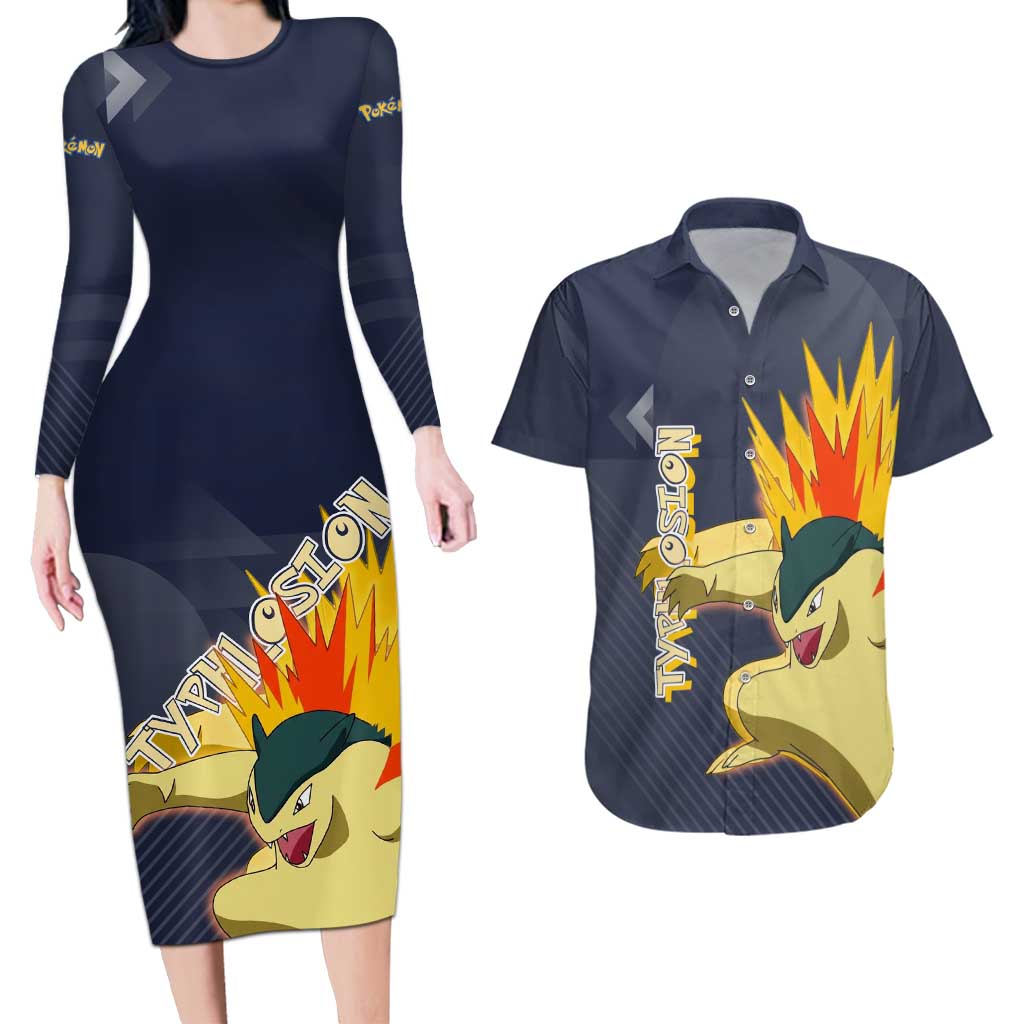 Typhlosion Poké Couples Matching Long Sleeve Bodycon Dress and Hawaiian Shirt Fierce Flame Burst Vector Style